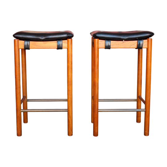 Pair of Parker Furniture Model 571 Teak Bar Stools, Original Buttoned Upholstery, Australia, 1970s