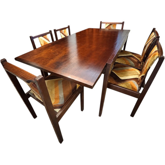 Mid-Century Modern Solid Wood Extendable Dining Suite – Mahogany Finish, Centre-Leaf Table with 6 High-Back Upholstered Chairs