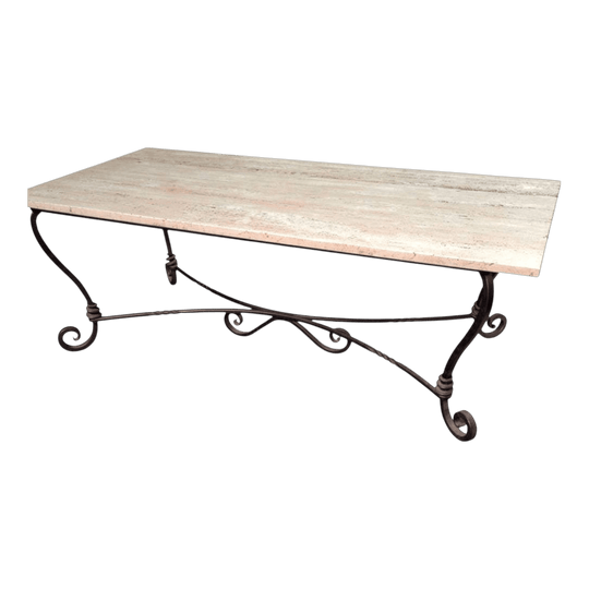 Travertine marble & wrought iron base outdoor Patio table