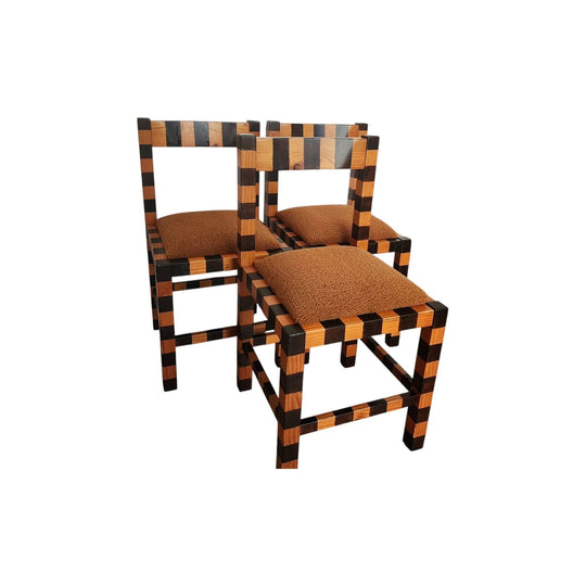 Pair of Upcycled Brown Stripe Wooden Dining Accent Chairs with Boucle Seats