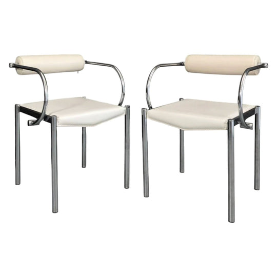TWO | 1980s Italian Modernism | White Leather and Chrome Accent Chairs