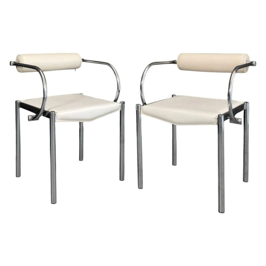 TWO | 1980s Italian Modernism | White Leather and Chrome Accent Chairs