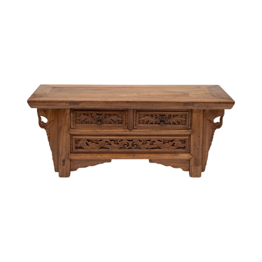 Two drawer kang table with peony carving