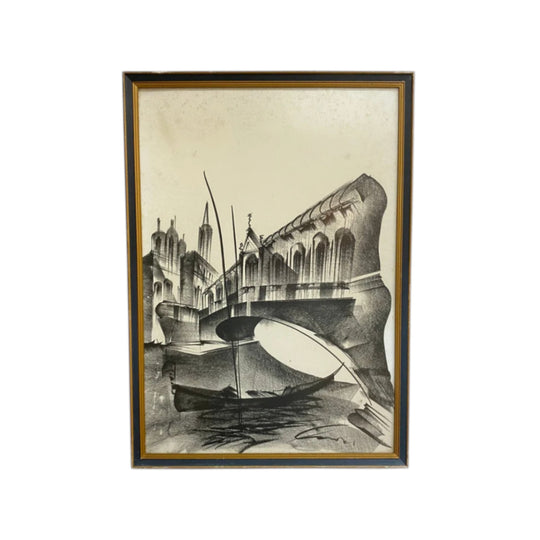 Mid Century Venetian Print 1950s Boat Under Bridge *