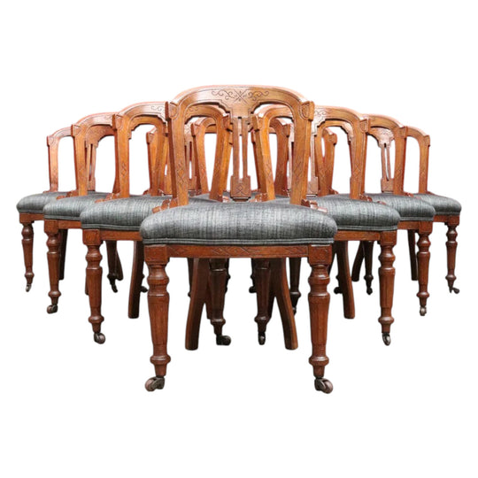 Antique English Oak Balloon Back Crest Dining or Kitchen Chairs Set of 10 Circa 1890. B13058