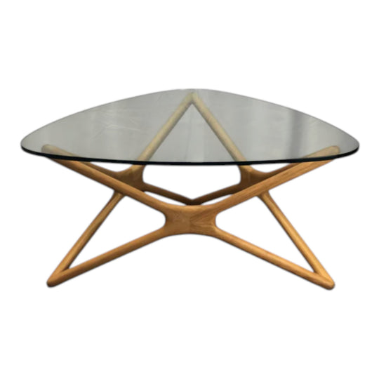 Glass top triangular coffee table oak legs