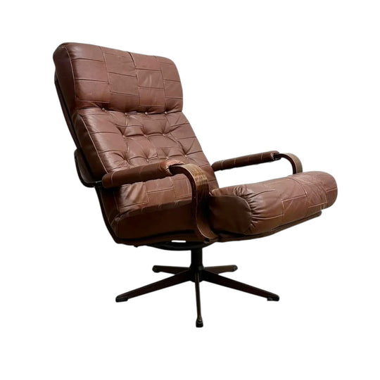 Mid Century Danish 'Patchwork' Leather And Bentwood Swivel Armchair*