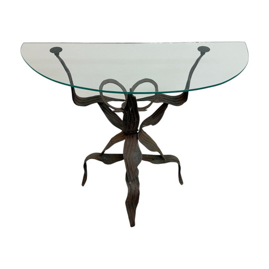 Mid Century Brutalist Demilune Steel & Glass Console Table*