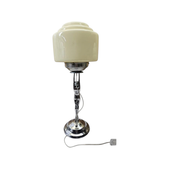 Art Deco "DIANE" Lamp, Chrome base w/ large cream stepped glass shade c1930s
