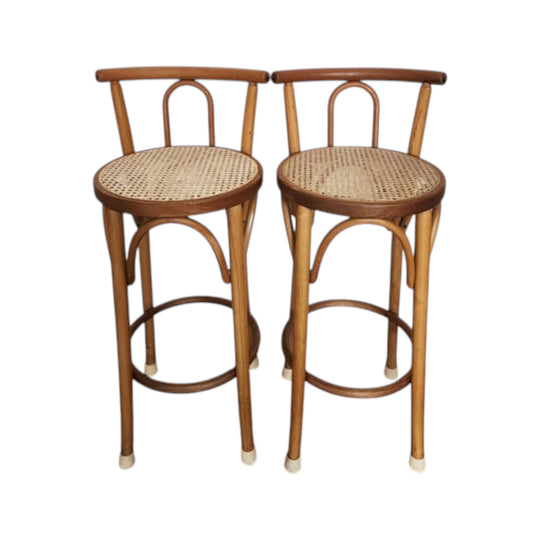 Pair of Bentwood Style Vintage Stools with Wicker Seats