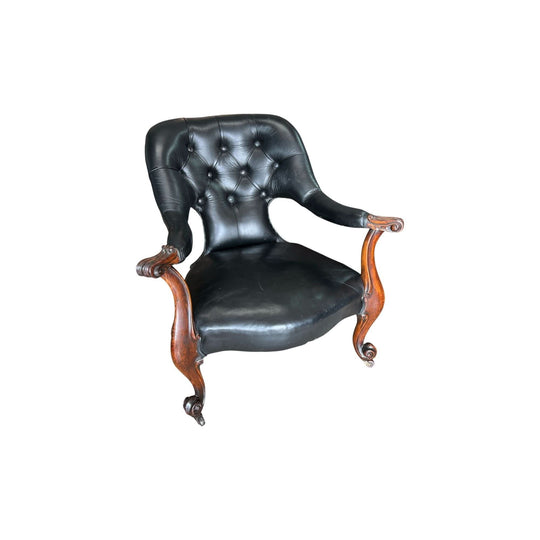 Unusual Victorian Mahogany arm chair, black leather upholstery, c. 1865