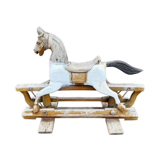 Antique Roebuck Carved Wooden Rocking Horse on Sturdy Wooden Frame