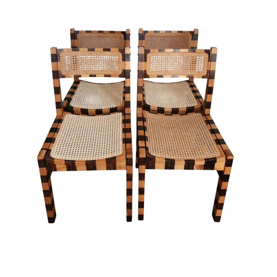 Vintage Wooden Dining Chairs with Wicker Seats – Upcycled Hand-Painted Dark Stain Stripes