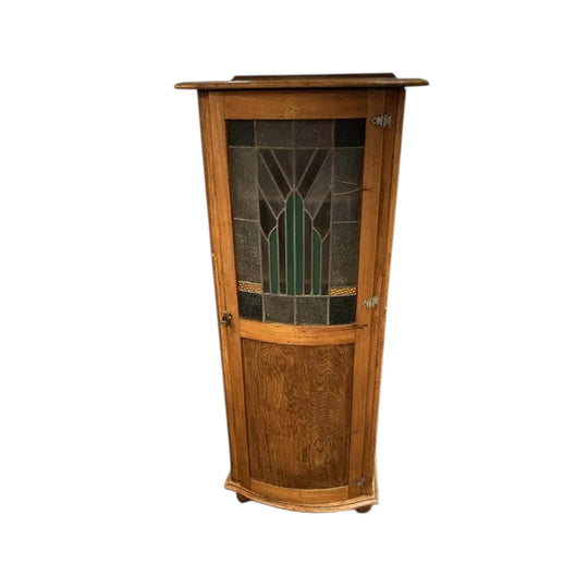 Solid Oak Leadlight Kitchen Cabinet with Curved Front, Bun Feet and Fixed Shelves