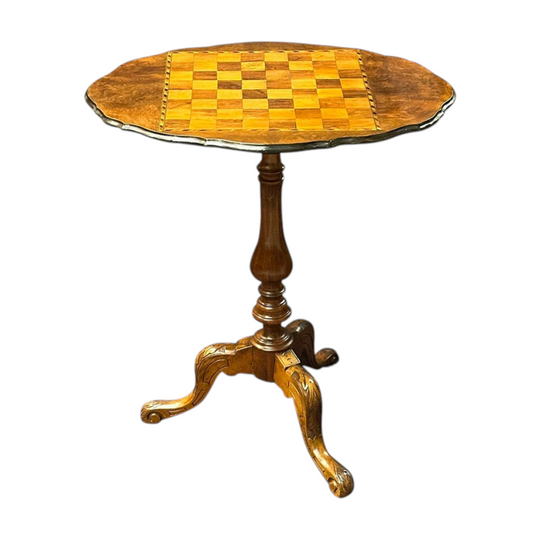 Burr walnut inlaid chess table on carved pedestal base c.1880