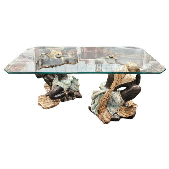 Vintage Carved Giltwood, Painted Blackamoor Glass Topped Coffee Table