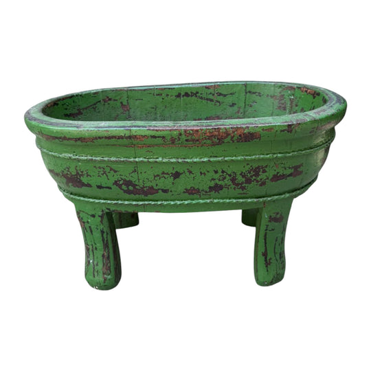 Vintage Wooden Bowl Planters Set Distressed Red Green Yellow Rustic Folk