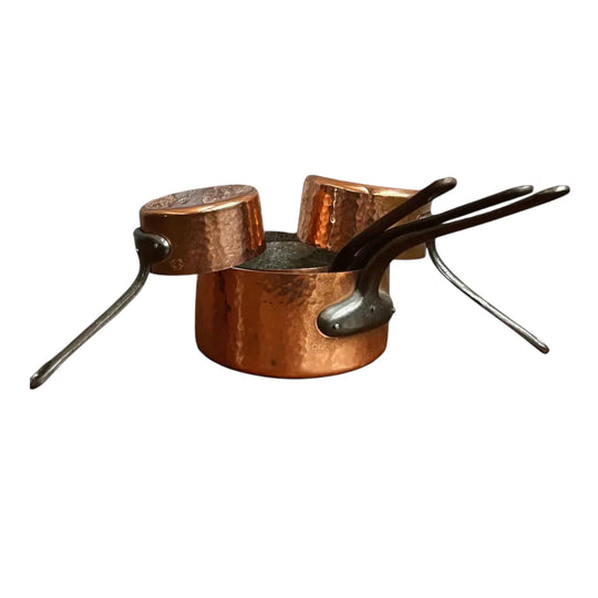 Set of 5 Vintage French Copper Saucepans – Hand-Hammered, Tin-Lined, Riveted Steel Handles