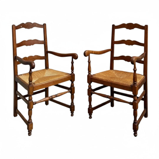 Pair of French Provincial Oak Ladderback Carver Armchairs with Hand-Woven Rush Seats