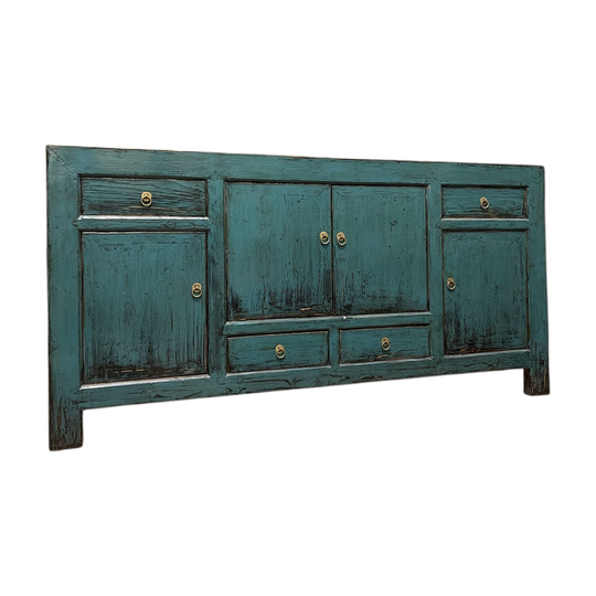 Chinese Teal Lacquered Sideboard, Distressed Finish