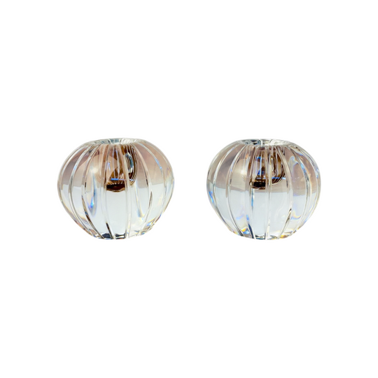 Pair of Orrefors Crystal Ball Candlesticks, Swedish Glass Candle Holders, Set of 2