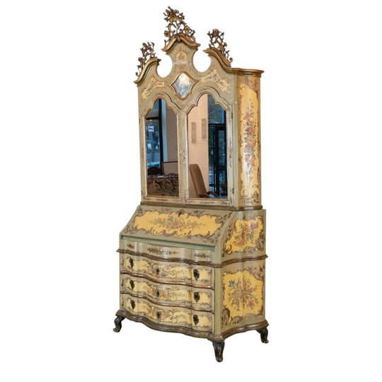 Venetian Lacquered and Polychrome-Painted Two-Part Secretaire Cabinet with Mirror-Glazed Doors, Italy, Early 20th Century