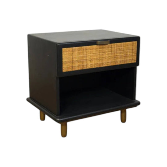 Venice Bedside Table - Black Timber and Rattan
