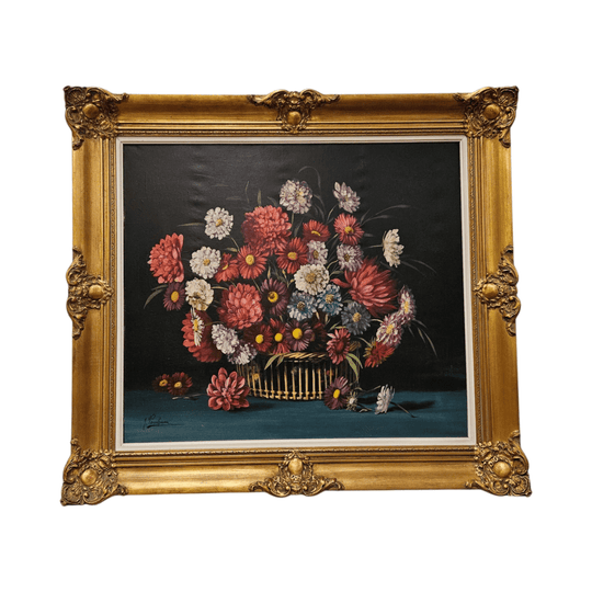 Vibrant Signed Floral Oil on Canvas in Gilt Frame