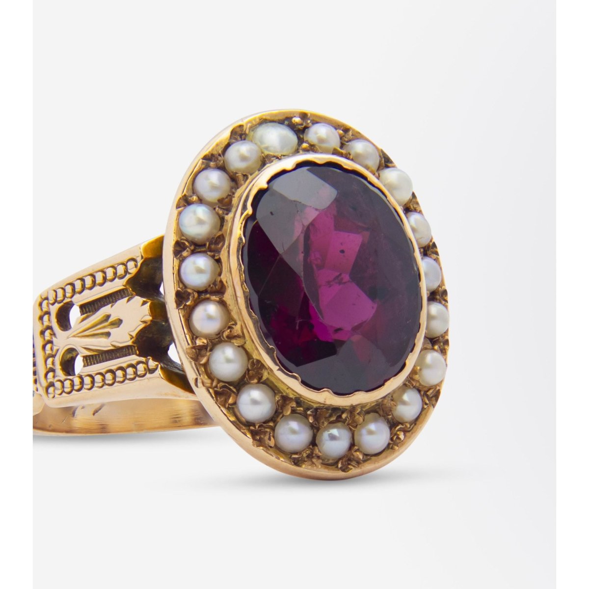 Victorian 9 Karat Gold Rhodolite-Type Garnet & Seed Pearl Ring by Shafer & Douglas, Newark | Bazaa | Designer, Vintage and Antique Furniture
