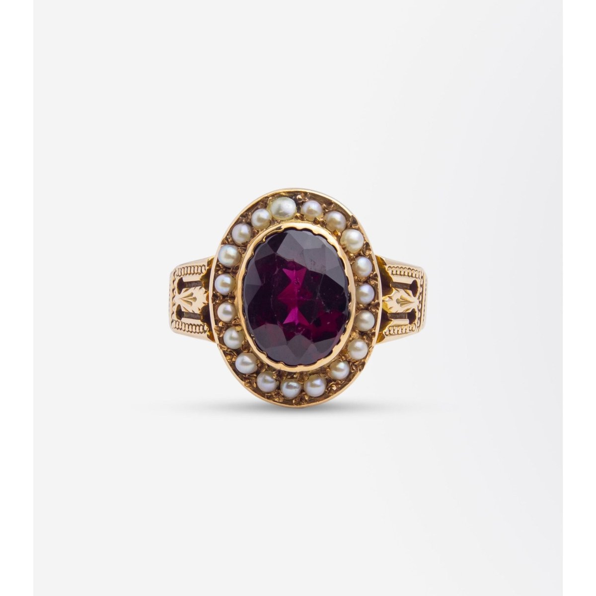 Victorian 9 Karat Gold Rhodolite-Type Garnet & Seed Pearl Ring by Shafer & Douglas, Newark | Bazaa | Designer, Vintage and Antique Furniture