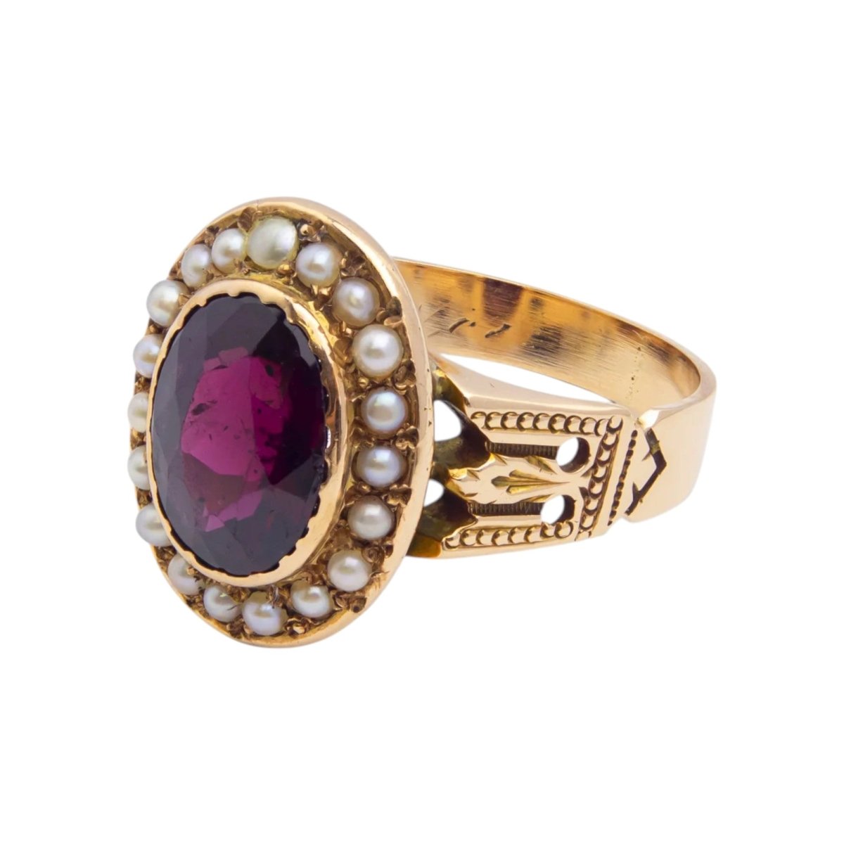 Victorian 9 Karat Gold Rhodolite-Type Garnet & Seed Pearl Ring by Shafer & Douglas, Newark | Bazaa | Designer, Vintage and Antique Furniture