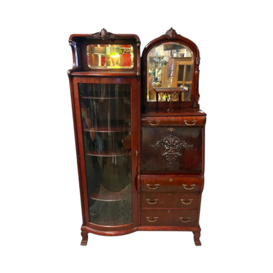 Victorian Antique Oak Side by Side Secretary, Curved Glass