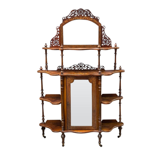 Victorian burr walnut inlaid whatnot c.1880