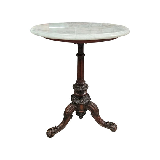 Victorian Marble Top & Carved  Walnut Base Occasional Table