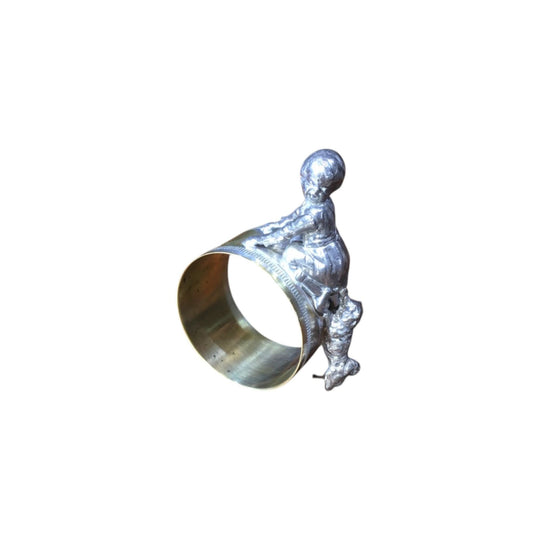 Victorian silverplate napkin ring, child &amp; dog, c. 1890
