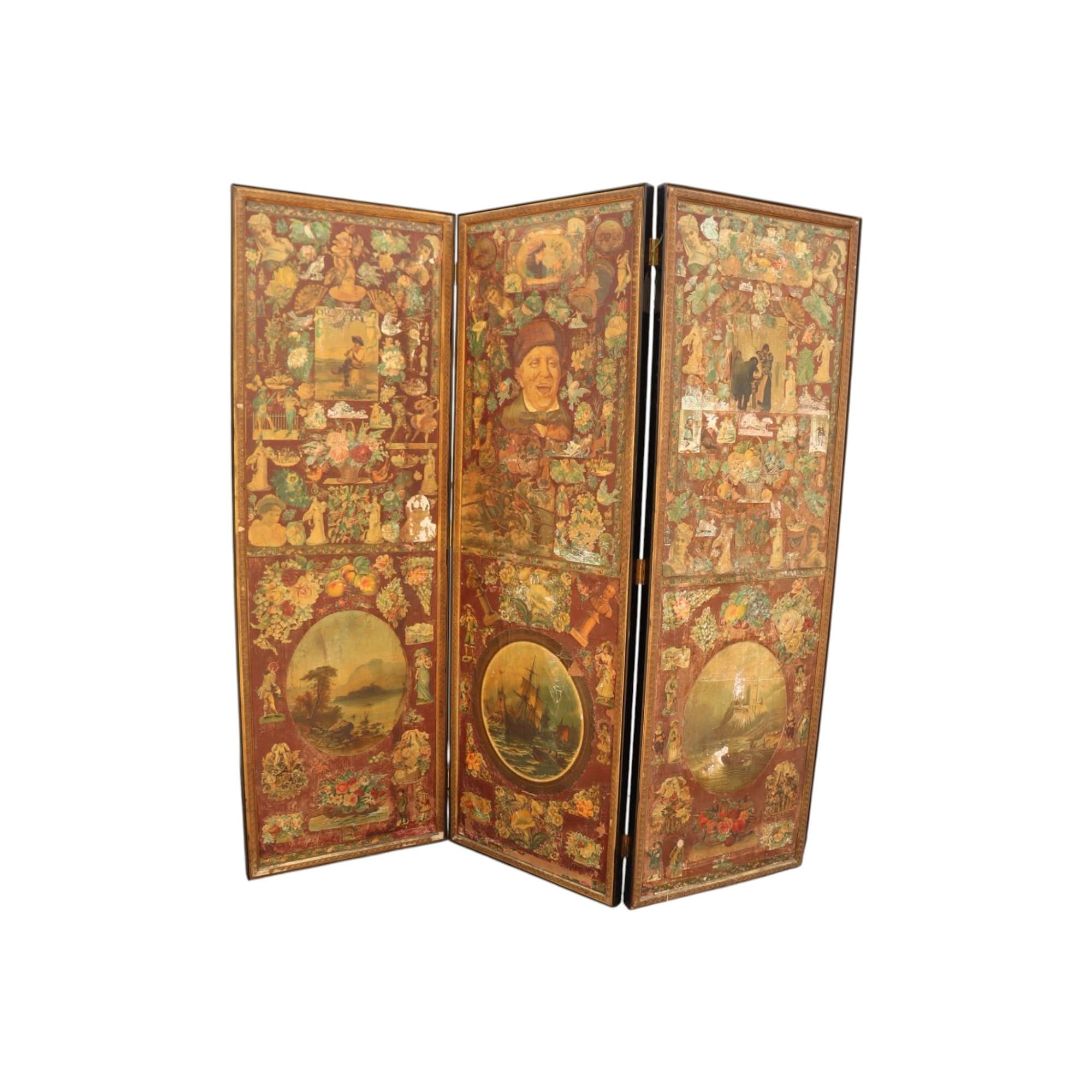Victorian three panel decoupage screen