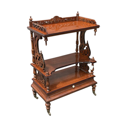 Victorian walnut whatnot, fine fretwork + single drawer, c. 1880