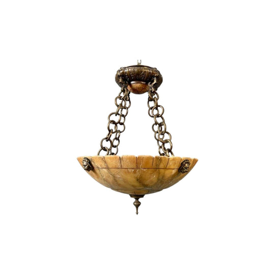 Vintage 1930s French / Italian Alabaster and Bronze ceiling Pendant Light.