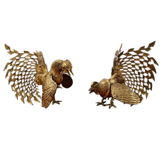 Vintage 1940's Pair of Large Brass Fighting Roosters