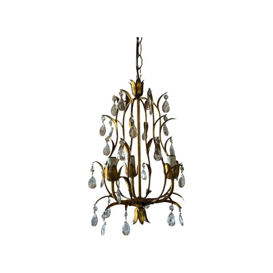 Vintage 1960s Italian Florentine Gilt Metal & Crystal 3 Light Chandelier - 30cmDIA