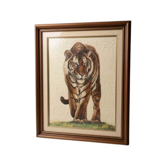 Vintage 1970s–80s Feather Mosaic Tiger – Signed OL JOHS – 1m Statement Piece