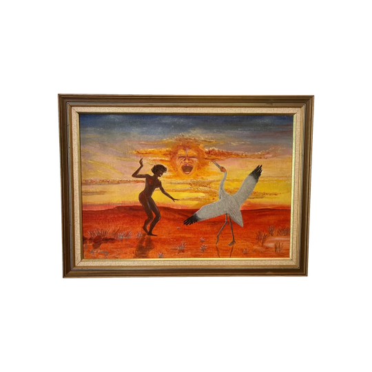 Vintage Aboriginal Oil Painting - Brolga Taught The Bird to Dance