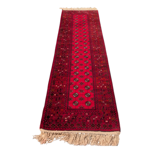 Vintage Afghan Bokhara Turkman Hallway Runner With Geometric Gul Motifs