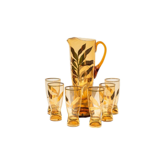 Vintage Amber and Gold leaf motif Water Set. Pitcher with 6 tall tumbler glasses.