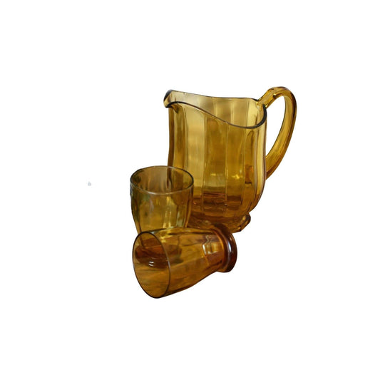 Vintage Amber Glass Jug and 2 tumblers. Vintage Charm/Art Deco