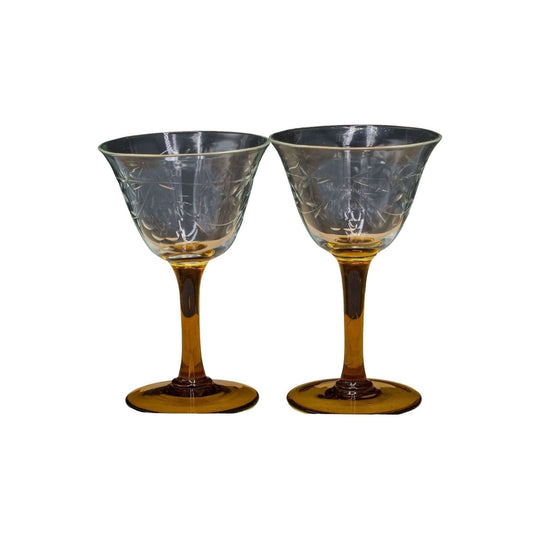 Vintage Amber Stemmed Cut Floral Design Port/Liquor Glasses