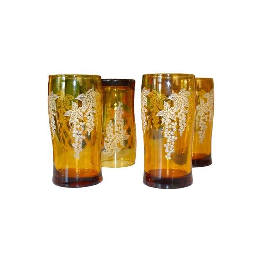 Vintage Amber Tumblers with Grapevine embossed motif x 4