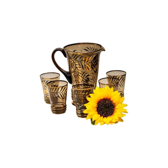Vintage Amber Water Set With Gold /Silver Plant Fronds and Gold Trim