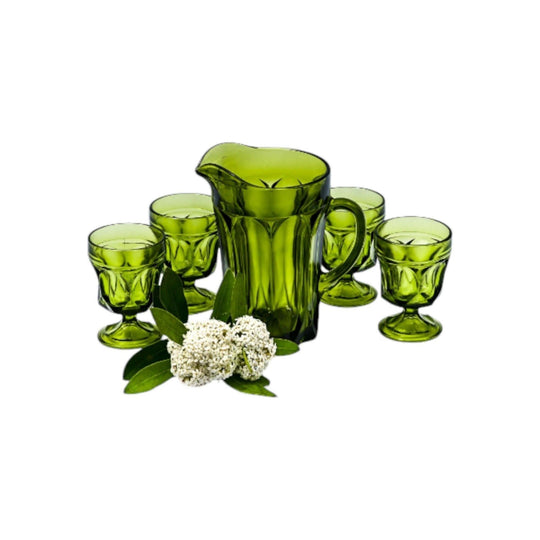 Vintage Anchor Hocking Avocado Green  'Fairfield Pattern' Water Set