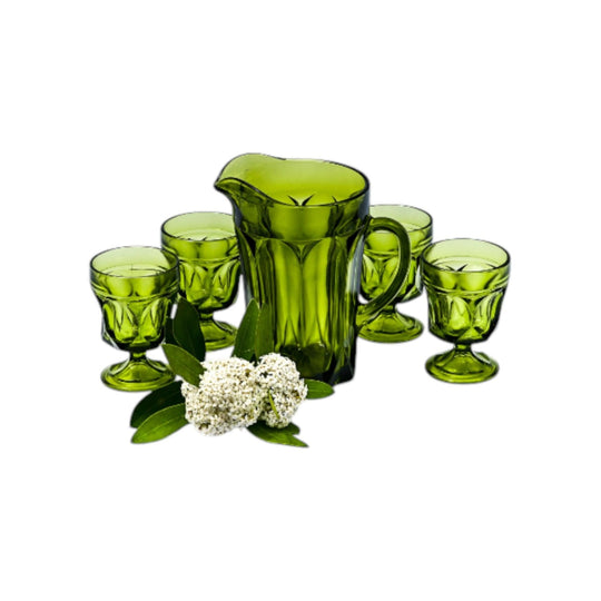 Vintage Anchor Hocking Avocado Green  'Fairfield Pattern' Water Set